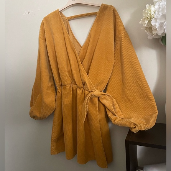 ASOS DESIGN cord wrap smock mini dress in marigold - Picture 12 of 15